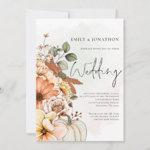 Invitation Citrouille floral d'automne Script QR Code Mariage