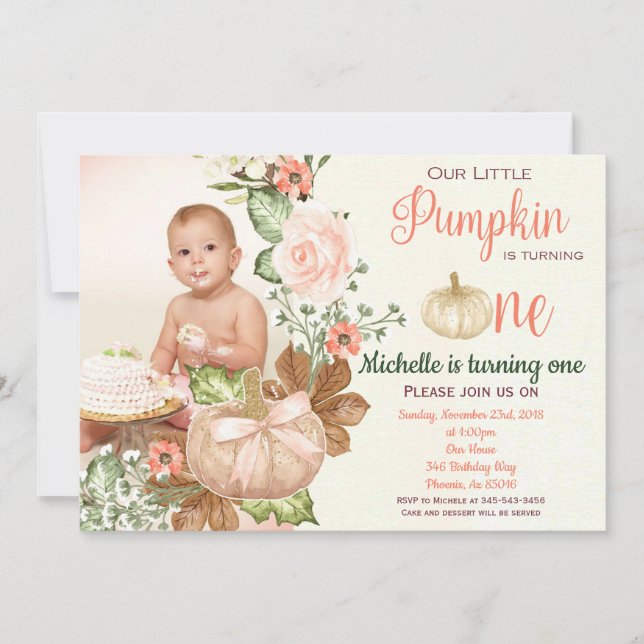 Invitation Citrouille Floral Premier Anniversaire Rustique In (Devant)