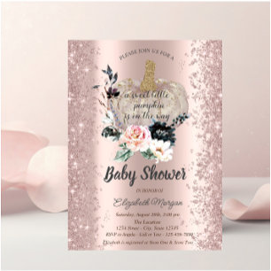 Invitation Citrouille, Floral, Rose Baby shower étincelant or