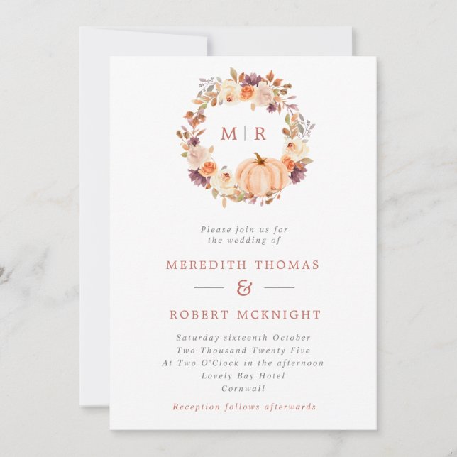 Invitation Citrouille Floral Wreath Mariage (Devant)