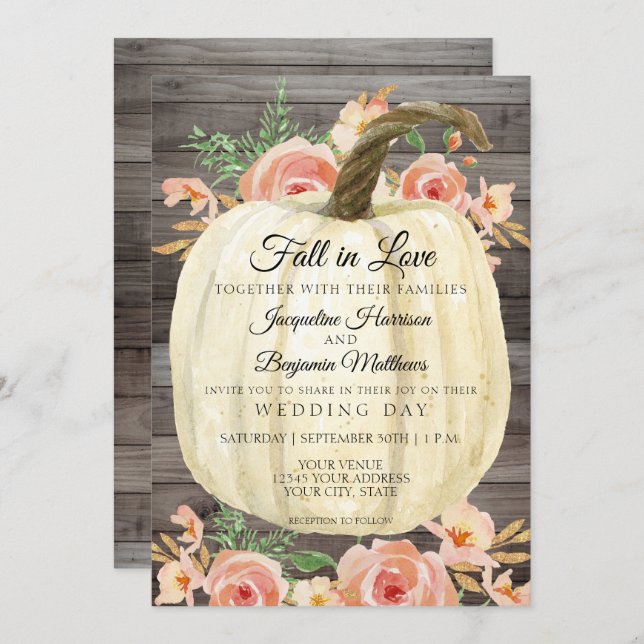 Invitation Citrouille florale aquarelle rustique en bois de p (Devant / Derrière)