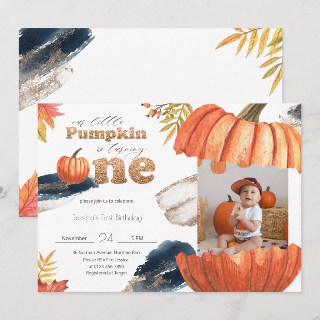 Invitation Citrouille Gold Fall Premier Anniversaire Avec Pho (Devant / Derrière)