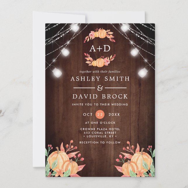 Invitation Citrouille Harvest Monogramme Autumn Lights Mariag (Devant)
