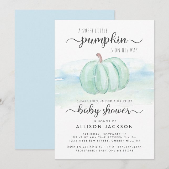 Invitation Citrouille Mint Blue Baby Boy Drive Par Douche (Devant / Derrière)