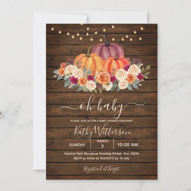 Invitation Citrouille orange brûlé Baby shower Floral Bois (Devant)