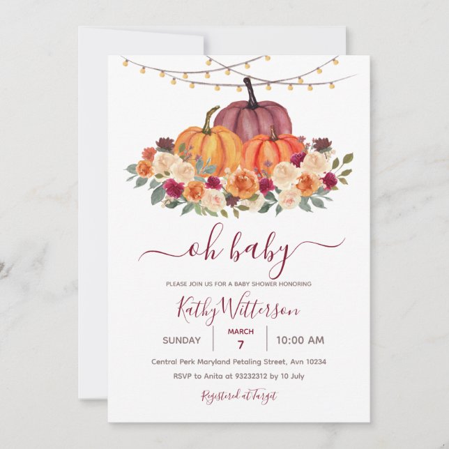 Invitation Citrouille orange brûlé Baby shower floral rustiqu (Devant)