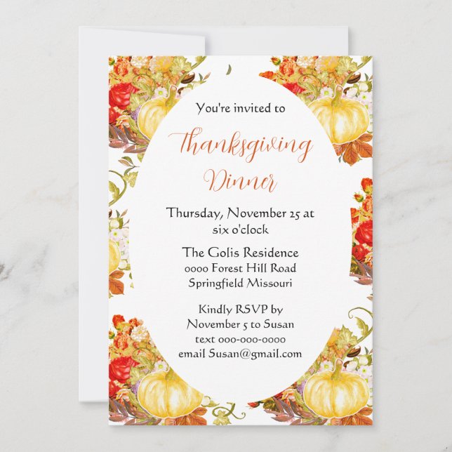 Invitation Citrouille Orange Fleurs Thanksgiving Dîner (Devant)