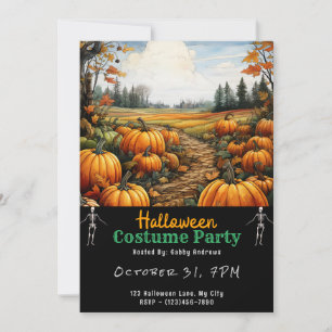 Invitation Citrouille Patch et Orange Feuille Black Halloween