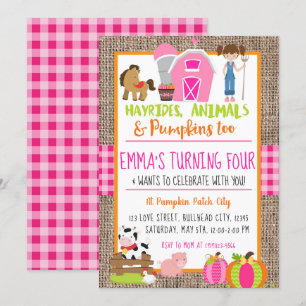 Invitation Citrouille Patch Farmer Fille rose En vichy Annive