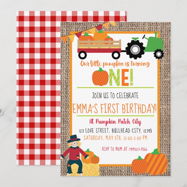 Invitation Citrouille Patch Farmer Rouge En vichy 1er anniver (Devant / Derrière)