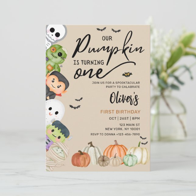 Invitation Citrouille Patch Halloween 1er anniversaire Invita (Debout devant)