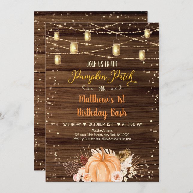 Invitation Citrouille Patch Rustique String Lights Anniversai (Devant / Derrière)
