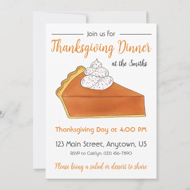 Invitation Citrouille Pie Slice Thanksgiving Dîner fêté (Devant)