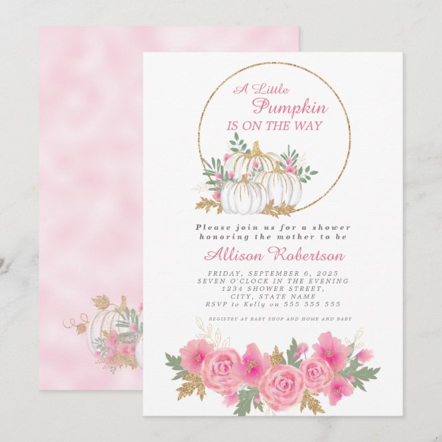 Invitation Citrouille   Pink Gold Baby shower Floral (Devant / Derrière)