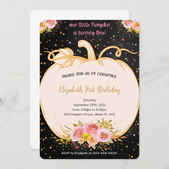 Invitation citrouille pour le premier anniversaire (Devant / Derrière)