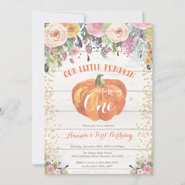 Invitation citrouille premier anniversaire Floral  (Devant)