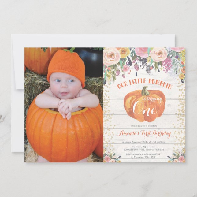Invitation citrouille premier anniversaire Floral  (Devant)