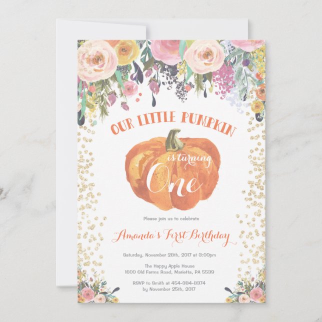 Invitation citrouille premier anniversaire Floral  (Devant)