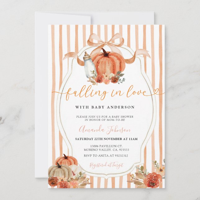 Invitation Citrouille Preppy Bow Tombant Dans Le Baby shower  (Devant)