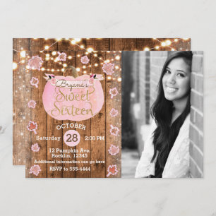 Invitation Citrouille rose Automne Rustic Sweet 16 Anniversai