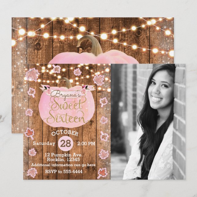 Invitation Citrouille rose Automne Rustique Sweet 16 Annivers (Devant / Derrière)