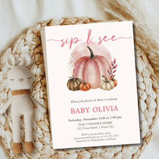 Invitation Citrouille Rose Bébé Fille Chute Sip Et Voir Meet