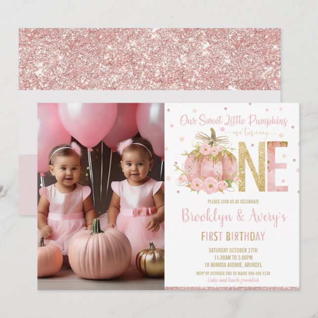 Invitation Citrouille rose chic 1er anniversaire Twin Girls P (Devant / Derrière)