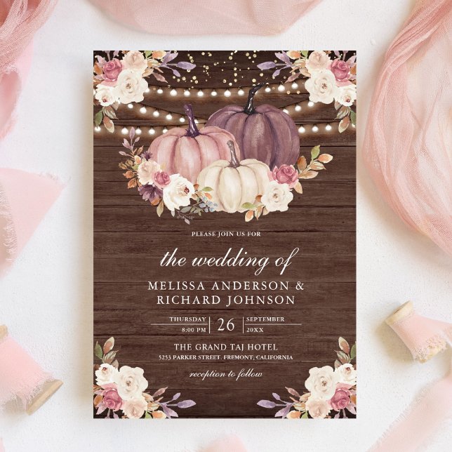 Invitation Citrouille rose Dusty  ivoire Mariage en bois fleu (Créateur téléchargé)