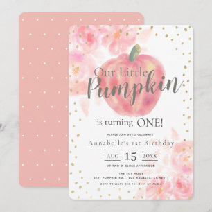 Invitation Citrouille rose et aquarelle florale fille 1er ann