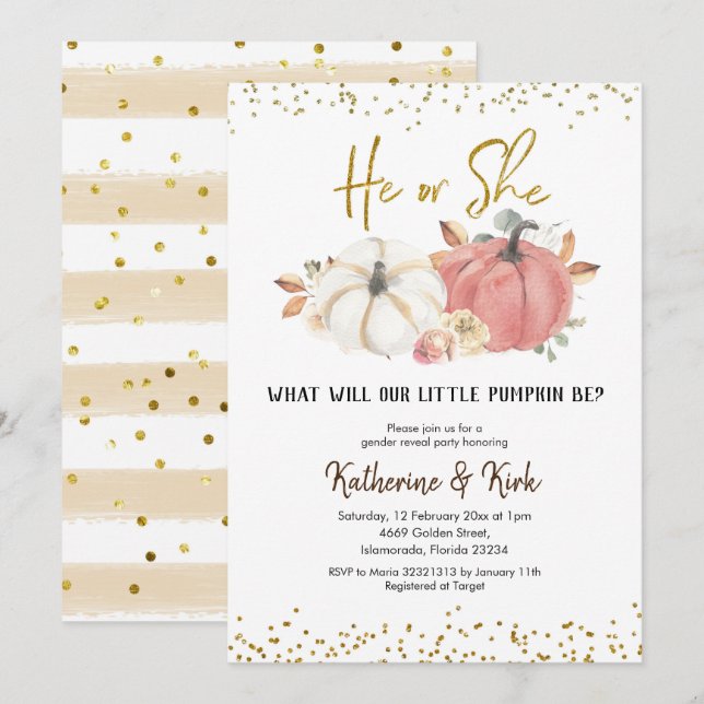 Invitation Citrouille rose et blanc Automne Sexe RevevezParty (Devant / Derrière)