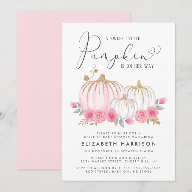 Invitation Citrouille Rose Floral Baby Girl Drive Par Douche (Devant / Derrière)