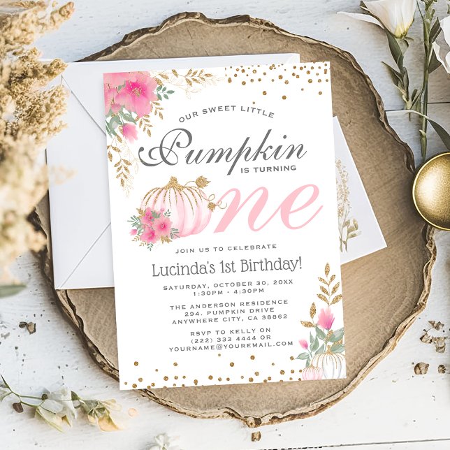 Invitation Citrouille rose mignon Floral 1er anniversaire Inv (Créateur téléchargé)