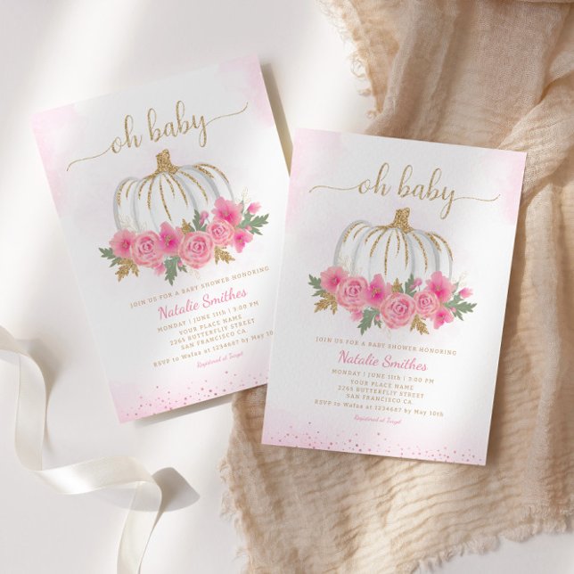 Invitation Citrouille rose or floral  fille baby shower (Créateur téléchargé)