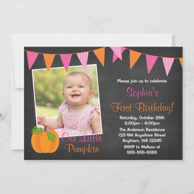 Invitation Citrouille rose orange Chalkboard fille photo Anni (Devant)