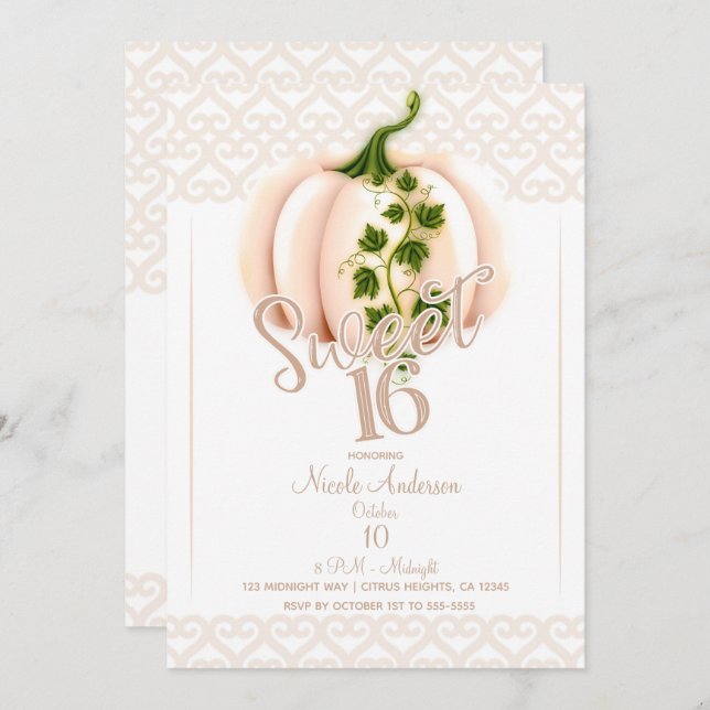 Invitation Citrouille rose pâle Chute Douce 16 Anniversaire (Devant / Derrière)