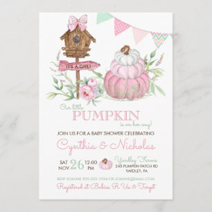 Invitation Citrouille rose  Patch Birdhouse Girl Baby shower