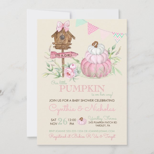 Invitation Citrouille rose  Patch Birdhouse Girl Baby shower (Devant)