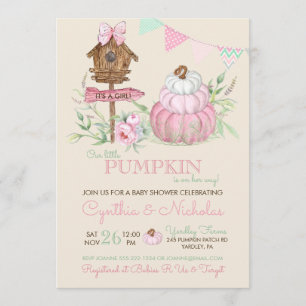 Invitation Citrouille rose  Patch Birdhouse Girl Baby shower
