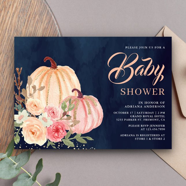 Invitation Citrouille rose Pêche Floral Marine Baby shower bl (Créateur téléchargé)