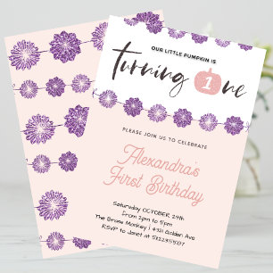Invitation Citrouille rose violet floral Halloween 1er annive