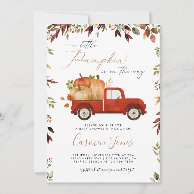 Invitation Citrouille rouge Automne Baby shower de camion Inv (Devant)