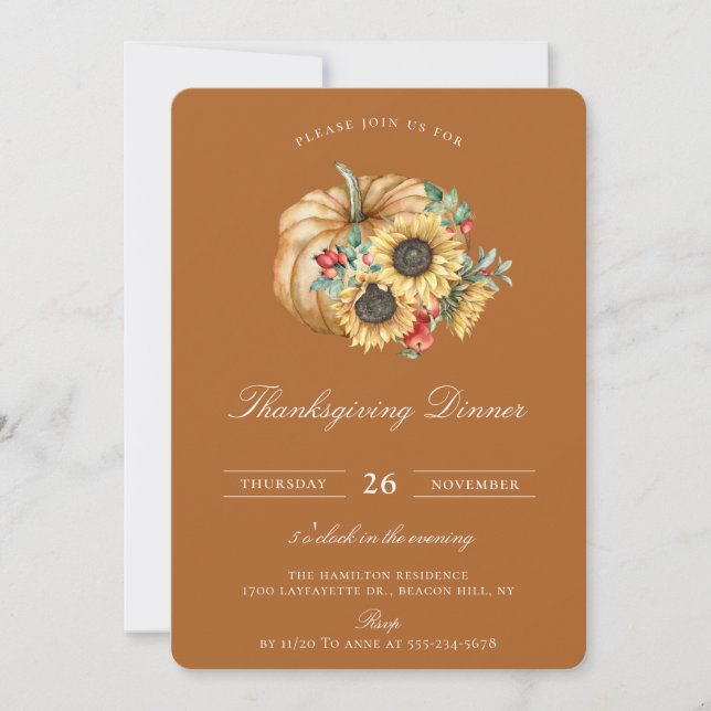 Invitation Citrouille Russe Floral Thanksgiving Dîner (Devant)