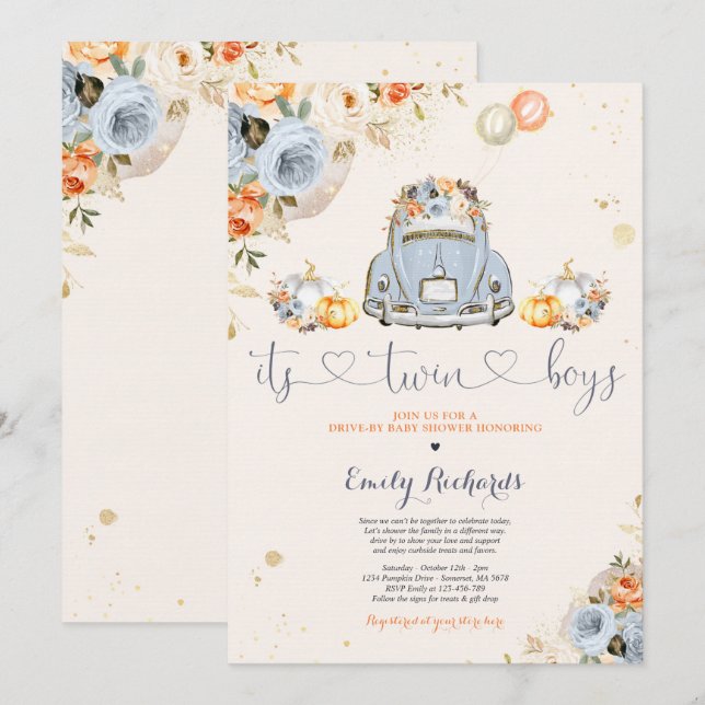Invitation Citrouille Russe Floral Twin Drive Par Baby shower (Devant / Derrière)
