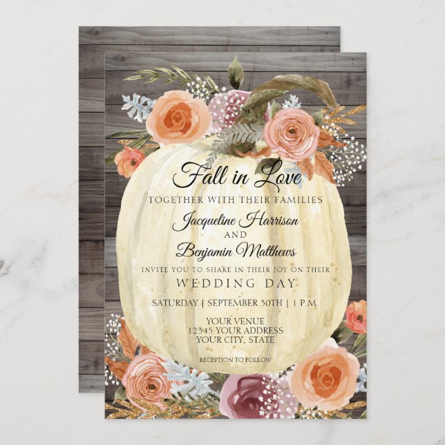 Invitation Citrouille rustique Aquarelle Florale Orange Prune (Devant / Derrière)