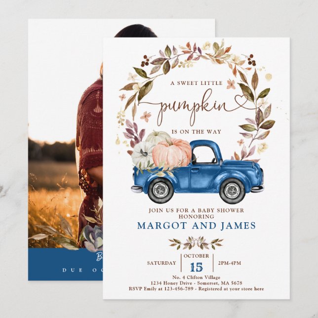Invitation Citrouille rustique Baby shower bleu classique (Devant / Derrière)