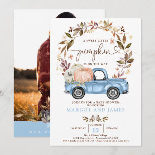 Invitation Citrouille rustique Camion Baby shower bleu bébé