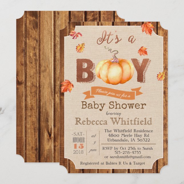 Invitation Citrouille Rustique Feuille Baby shower de bois In (Devant / Derrière)