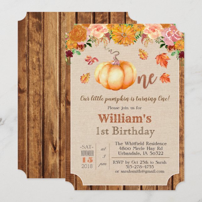 Invitation Citrouille Rustique Feuille Bois 1er anniversaire  (Devant / Derrière)