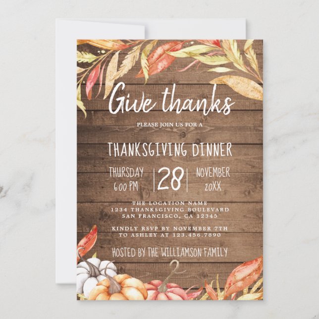 Invitation Citrouille rustique Golden Folid Thanksgiving Dîne (Devant)