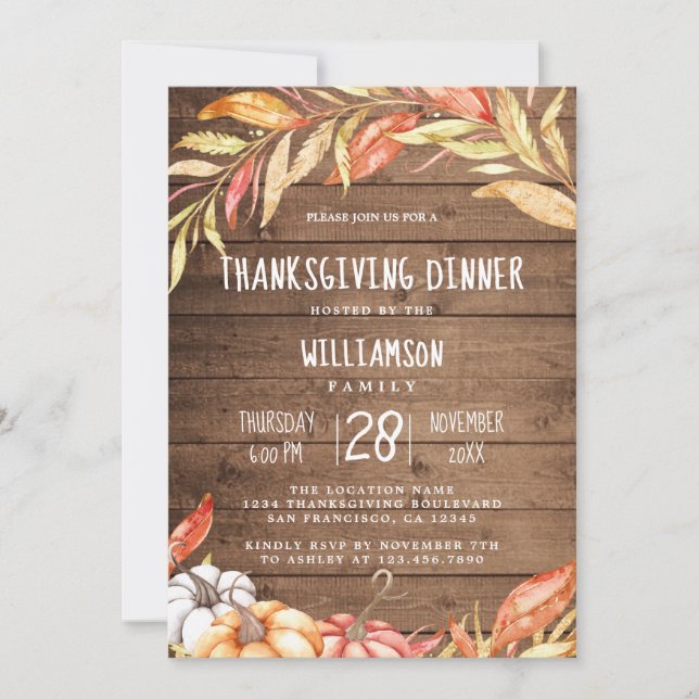 Invitation Citrouille rustique Golden Folid Thanksgiving Dîne (Devant)